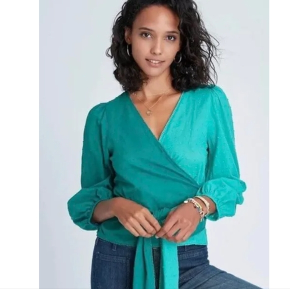 Farm Rio Anthropologie Color Block Teal Swiss Dot Wrap‎ Blouse - Picture 15 of 16